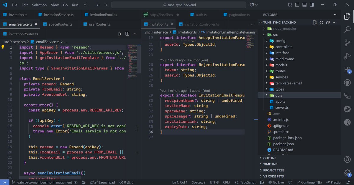IgKaybangz's tweet image. ✅Backend update [7]: Building TuneSync in public
    
→ Created an email service utility
→ Designed the invitation email template
→ Implemented the send invitation email function

Next: Space lifecycle and history   

#BuildInPublic #webdevproject #WebDevelopment