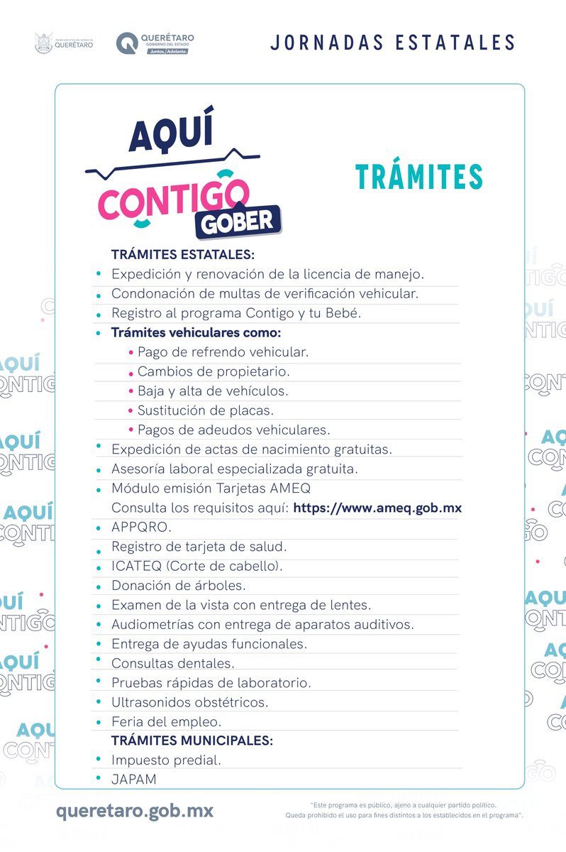 ¡Ya comenzamos la Jornada Estatal #AquíContigoGober en #SanJuandelRío! 📢

A partir de este momento y hasta la 1:00 pm, estaremos en el Centro Cívico, brindándote los servicios y trámites en forma más cercana y con atención directa. 📍

¡Te esperamos, contamos #contigo! 🤝