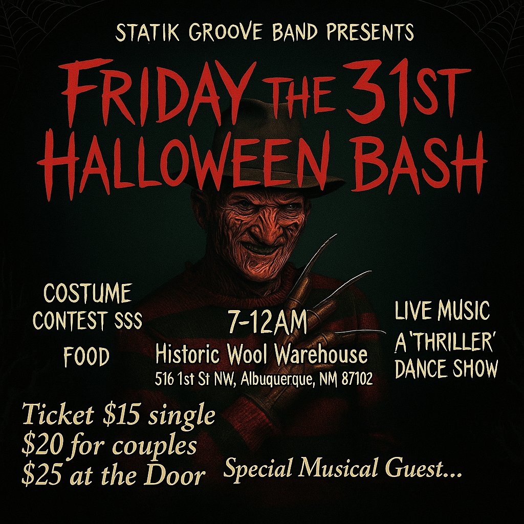 The Friday the 31st Halloween Bash takes over the Wool Warehouse on Oct. 31! 🎃 #ABQEvents

Enjoy a night of live music, costumes, and spooky surprises from 7 PM to 12 AM. Expect funk, R&amp;B, pop, &amp; plenty of Halloween magic, plus a costume contest! 👻

📍 Wool Warehouse 🎟️ $15-$25