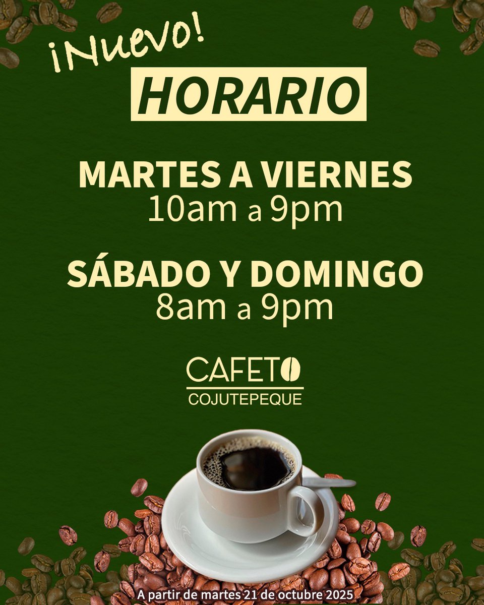¡NUEVOS HORARIOS!
¡En <a href="/CafetoCojute/">CAFETO COJUTEPEQUE</a> hemos ampliado nuestros horarios para mejorar nuestra atención.
Con cada compra no solo disfrutas de nuestro inigualable sabor, además contribuyes a que nuestro centro cultural continúe funcionando.

#coffee #arts #Cojutepeque #ElSalvador