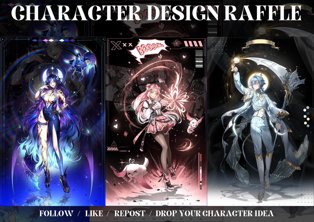 Lunifura's tweet image. ✨Character Design / Redesign Raffle✨
💕1 winner gets a custom character/outfit design
To enter:
✨Follow me
✨Like & RT
✨Drop your idea/png (Optional)
Raffle ends Nov 12th