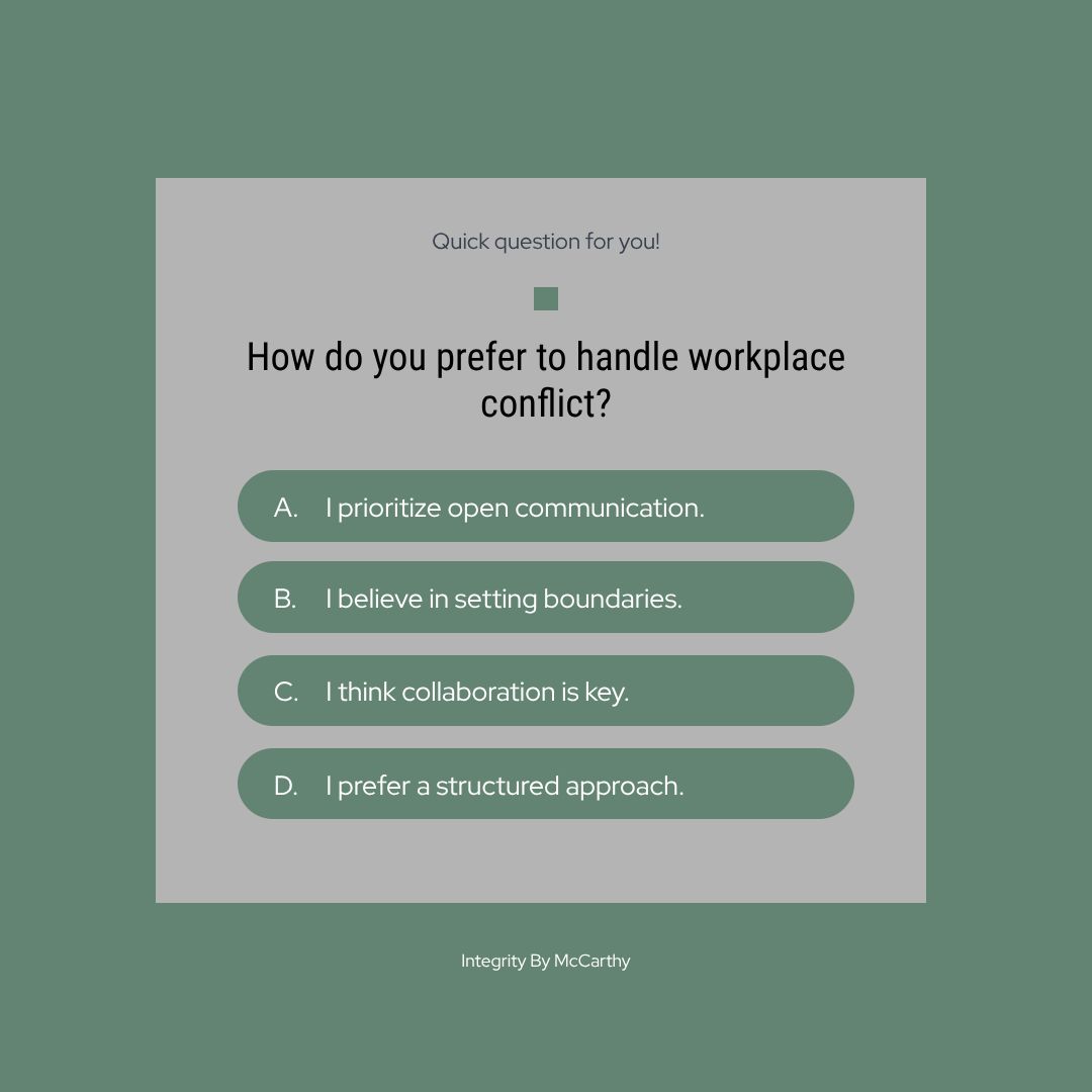 McCarthyK_PCI's tweet image. How do you handle workplace conflict? Open communication, boundaries, collaboration, or structure? 
📥 Free Workplace Harassment and Violence Prevention Starter Kit for Ontario - click here:  free.integritybymccarthy.ca/optin

#WorkplaceSafety #HarassmentPrevention #integritybymccarthy