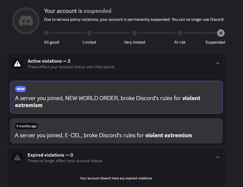 <a href="/discord_support/">Discord Support</a> My 10 year old discord account was banned over joining a server I never interacted in. The servers were for music artists. I have no other content violations, and have paid for nitro. Could this please be looked into?