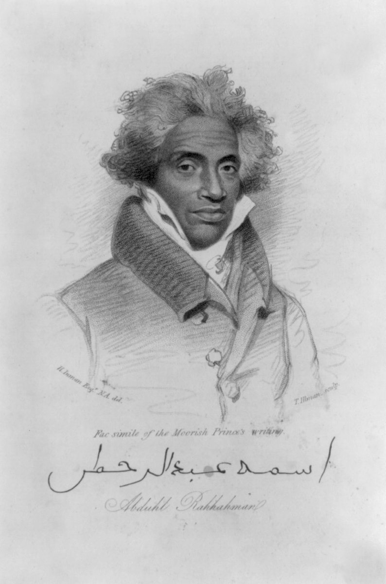 This is Abdulrahman Ibrahima ibn Sori, a Fulani Muslim Prince who was enslaved and sent to the US in the late 1700s. He was freed as part of a plan to use his nobility status in Africa to free captured Americans. This is how he met John Quincy Adams
