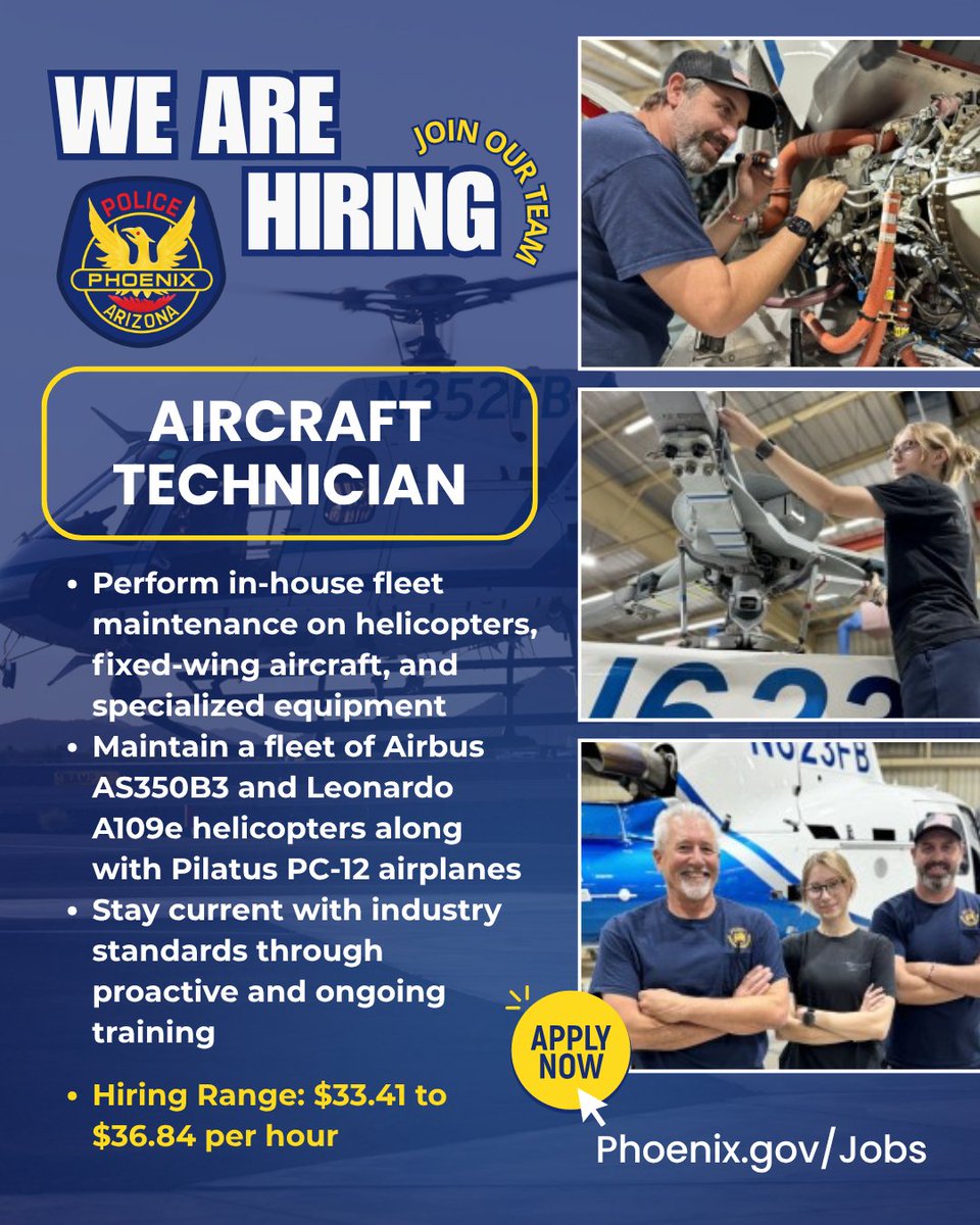 🚁 Now Hiring: Aircraft Technician 

Join the Phoenix Police Department and help maintain a fleet of helicopters and fixed-wing aircraft at Deer Valley Airport. 

Apply now or tag someone who can bring their skills to a mission that matters.
🔗 Phoenix.gov/Jobs