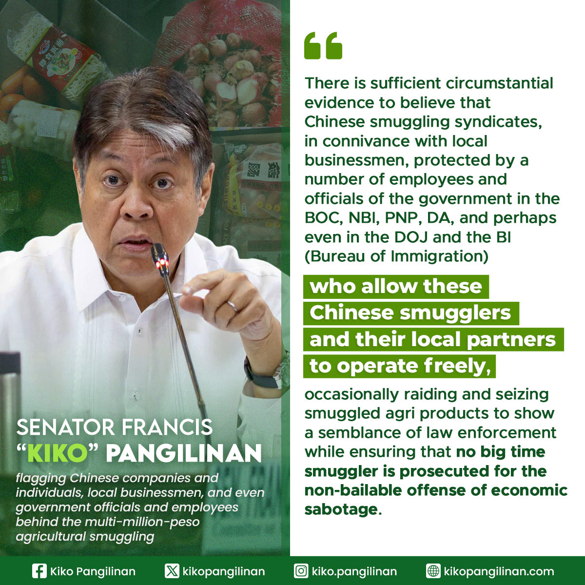 kikopangilinan's tweet image. Unti-unting nabunyag ang bulok na sistema — kung saan ang mga CHINESE SMUGGLING SYNDICATES, dummy consignee at insiders na mga lokal, nagsasabwatan kasama ang ibang opisyal ng Customs at posible rin taga DA (Department of Agriculture).
Lahat ng sangkot sa pag-smuggle ng pagkain,…