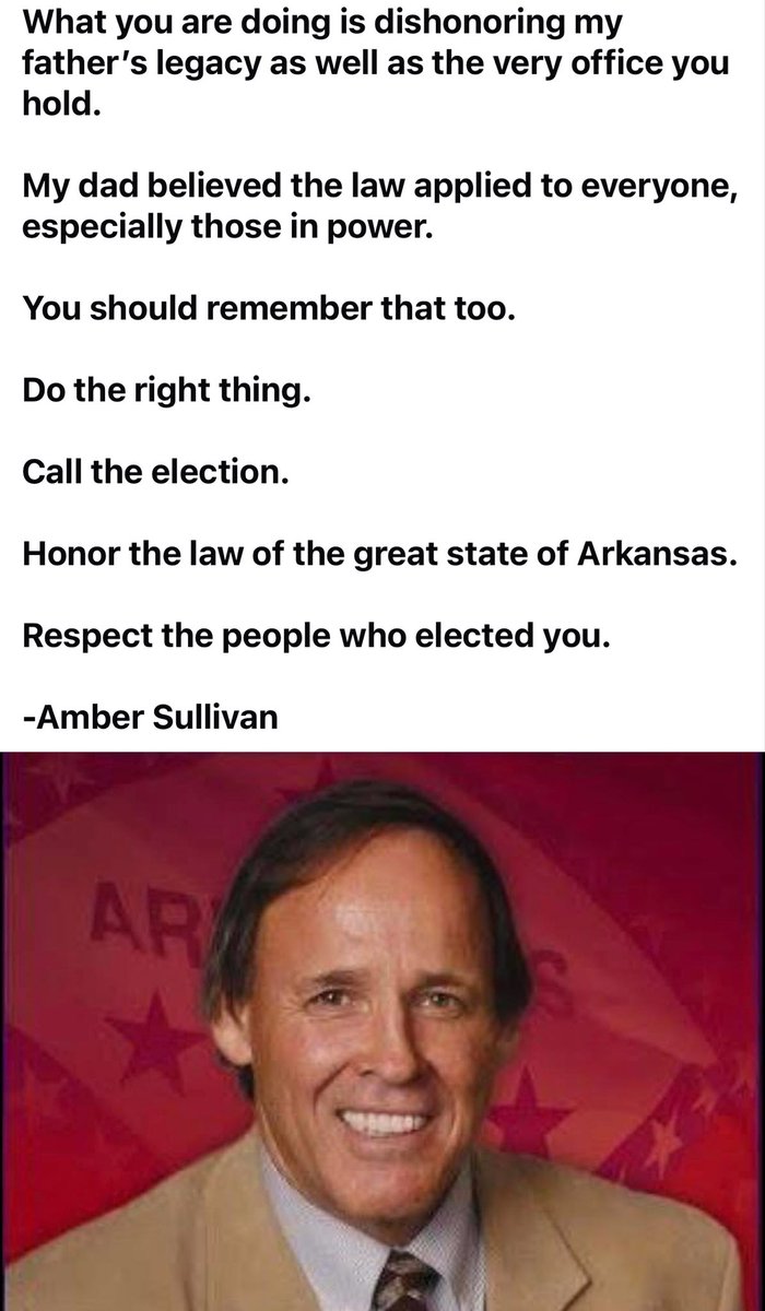 #ARNEWS Amber Sullivan, daughter of the late Sen. Gary Stubblefield, addresses Governor Sarah Huckabee Sanders head on: 
 
"Right now, an entire district has no voice. No one representing them in the fiscal session, no one fighting for their communities. No voice to oppose the