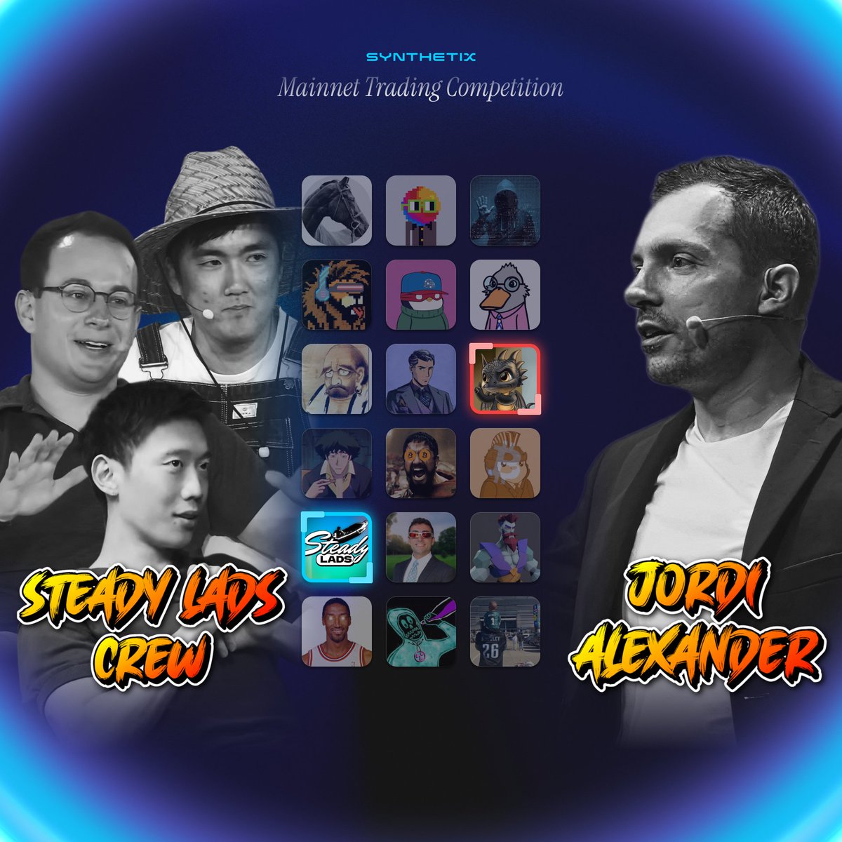 Deploying more competitors - steady lads 🫡

<a href="/gametheorizing/">Jordi Alexander</a> and the rest of the <a href="/0xSteadyLads/">Steady Lads</a> crew are going head-to-head in the Synthetix Mainnet trading competition 🥊

Let's see how well a united front of <a href="/TaikiMaeda2/">Taiki Maeda</a>, <a href="/JustinCBram/">Justin Bram</a> &amp; <a href="/thiccyth0t/">thiccy</a> holds up against Jordi...