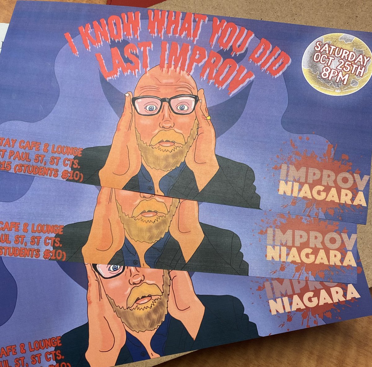 ImprovNiagara's tweet photo. Came back here to let you know we have a show on Saturday at 8pm @MahtayCafe!

Horrifying poster, right? 😉 https://t.co/5vas3fWcXi