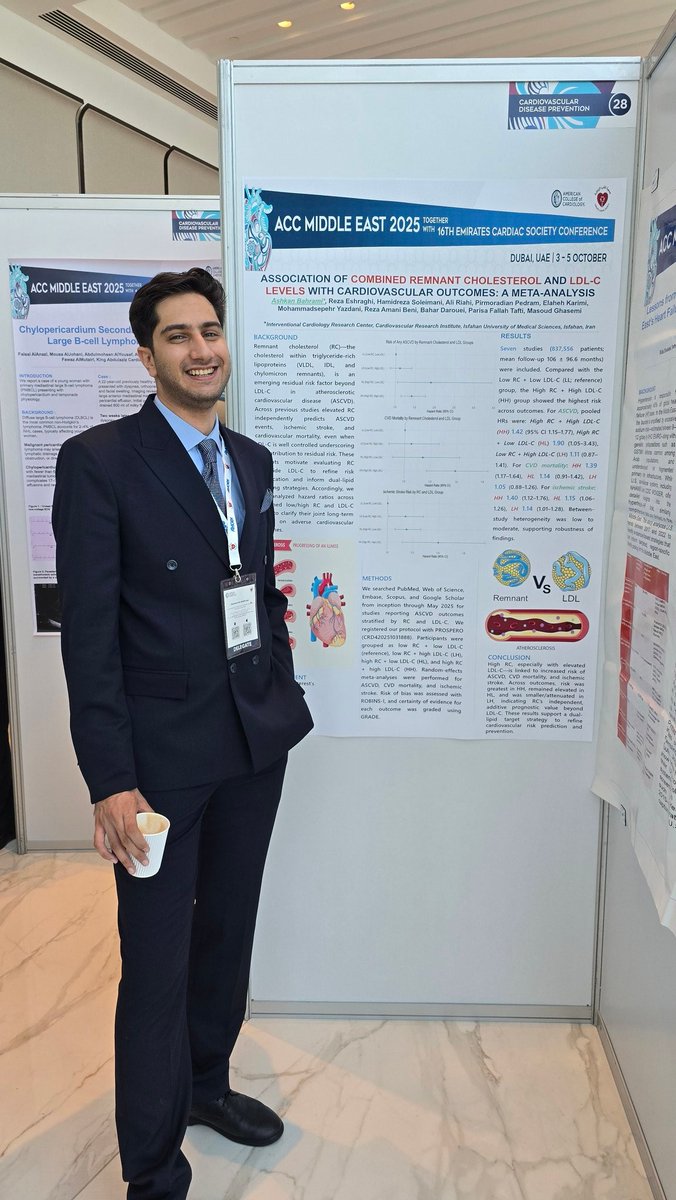 DrBahramiMD's tweet photo. Proud to present my poster at ACC Middle East 2025 in Dubai titled:
โAssociation of Combined Remnant Cholesterol and LDL-C Levels with Cardiovascular Outcomes: A Meta-Analysisโ๐ซ๐ฉบ
Our amazing team also had 5 posters and 1 oral presentation!
#ACCMidEast #CardioTwitter #MedTwitter https://t.co/kvosO7aO5n