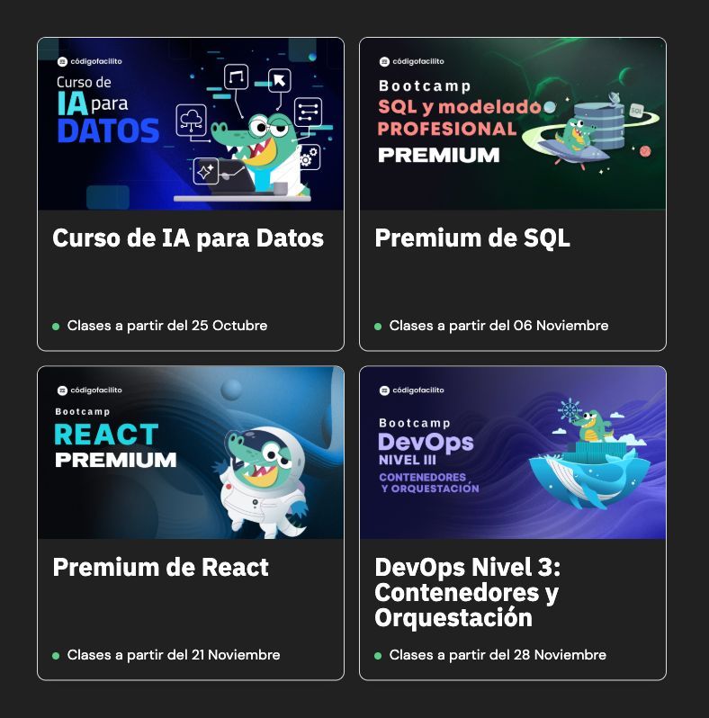 codigofacilito's tweet image. Antes de que termine el año…
Regálate algo que sí cambia tu futuro: aprendizaje.  codigofacilito.com/bootcamps 
🚀 Nuevos programas en vivo de Código Facilito
💻 IA para Datos
⚛️ React
🐋 DevOps
📊 SQL
Tu siguiente nivel profesional empieza aquí.