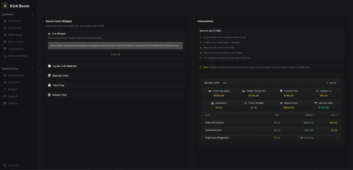 kickboostapp's tweet image. New drop! 😎
🎰 Widget Hunts — shows your bonus hunt live, auto-updates, and comes with clean animations.
Keep your chat hyped without lifting a finger 💥