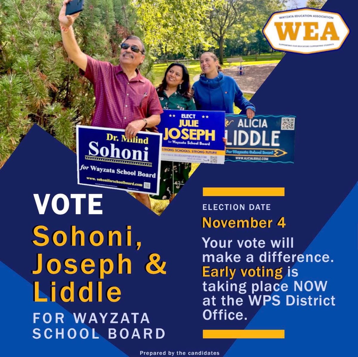 JanigoMG's tweet image. Hey Wayzata school district! Vote for Milind Sohoni, Alicia Liddle, and Julie Joseph for school board! These three are endorsed by the Wayzata Education Association.
Learn more at:
AliciaLiddle.com
JulieJosephforWSB.com
SohoniforSchoolBoard.com