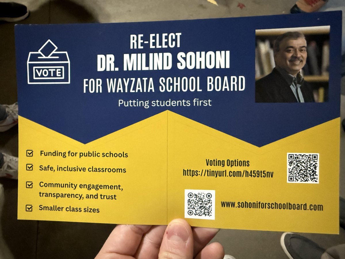 JanigoMG's tweet image. Hey Wayzata school district! Vote for Milind Sohoni, Alicia Liddle, and Julie Joseph for school board! These three are endorsed by the Wayzata Education Association.
Learn more at:
AliciaLiddle.com
JulieJosephforWSB.com
SohoniforSchoolBoard.com