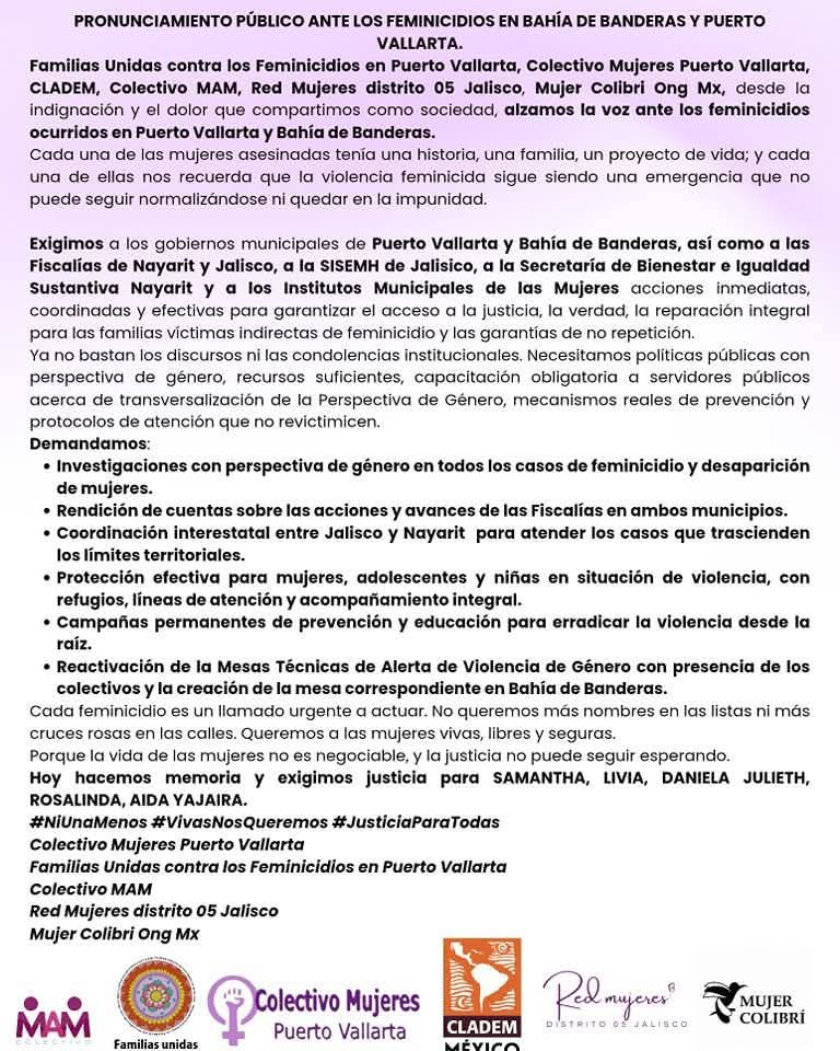 📌 PRONUNCIAMIENTO PUBLICO ANTE LOS FEMINICIDIOS EN BAHIA DE BANDERAS Y PUERTO VALLARTA.
<a href="/clademjal/">Cladem Jalisco</a> <a href="/PabloLemusN/">Pablo Lemus Navarro</a> <a href="/GobiernoJalisco/">Gobierno de Jalisco</a> <a href="/GobVallarta/">Gobierno de Puerto Vallarta</a>
<a href="/NayaritGobierno/">Gobierno del Estado de Nayarit</a> <a href="/LuisMunguiaPV/">Luis Munguía</a>
 #justicia  #FeminicidiosEmergenciaNacional #PuertoVallarta  #mexico #Bahiadebanderas   #NiUnaMenos