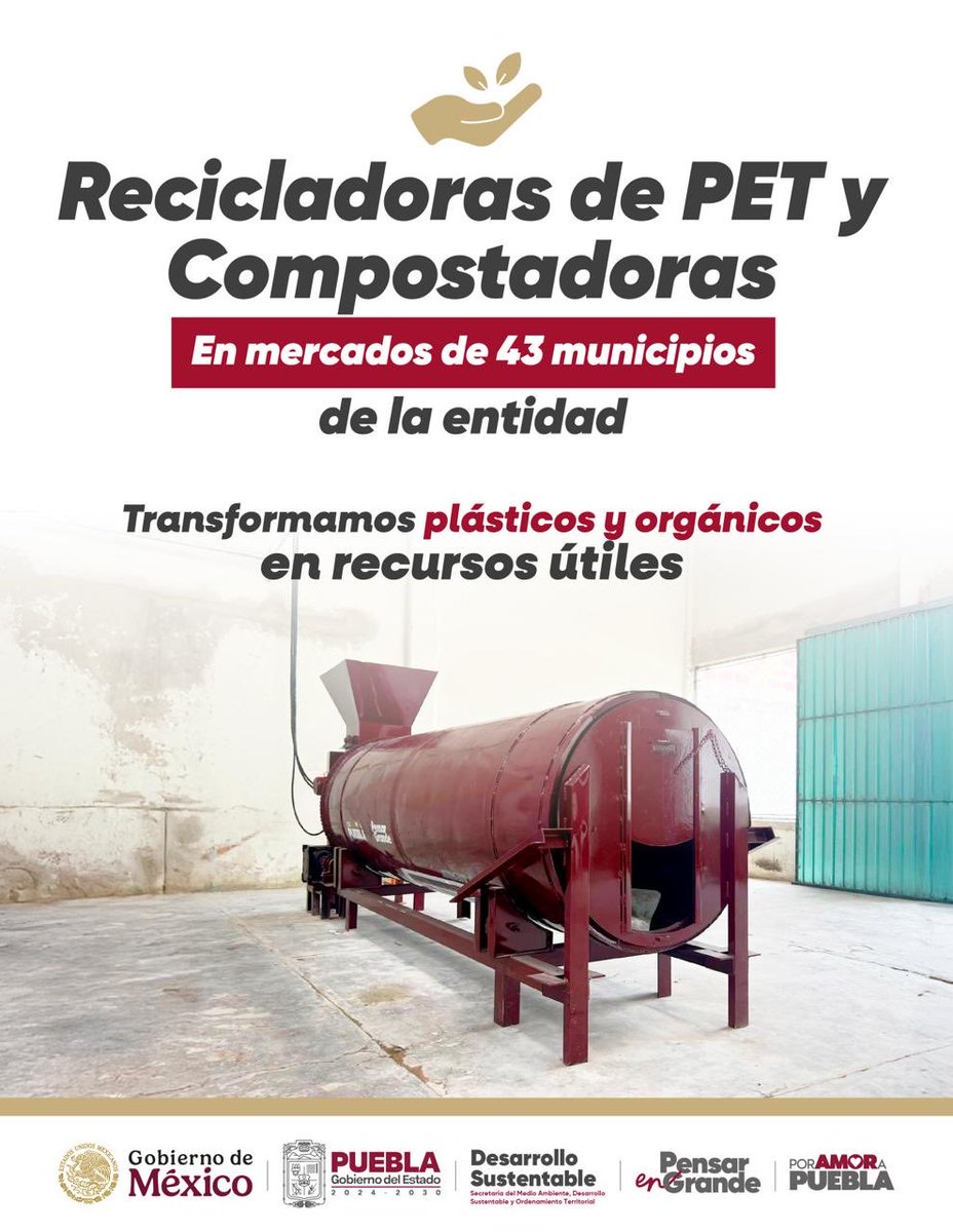 SDRGobPue's tweet photo. impulsamos la economía circular con recicladoras de PET y compostadoras en 43 municipios. Esta estrategia fortalece la justicia social, genera empleos y transforma los desechos en oportunidades. 🌱
Informes al 📞 222 273 68 00 ext. 1155
#PensarEnGrande #Recicladoras https://t.co/skyNXQPUBt
