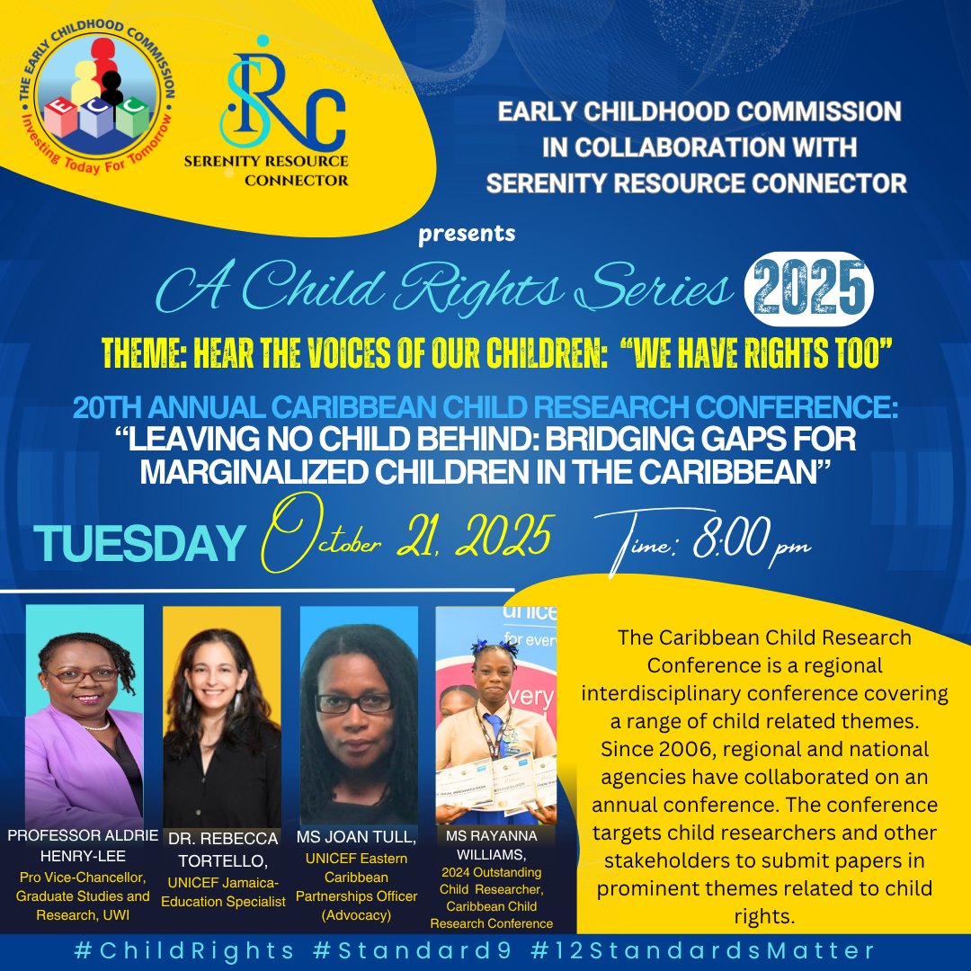 🎥 Happening tonight at 8 PM (JA time)!

Join the "A Child Rights Series 2025" hosted by the Early Childhood Commission &amp; Serenity Resource Connector in partnership with #CCRC2025 🌎

Watch LIVE: 🔗 youtube.com/live/dokE4pi4T…

#ChildRights #YouthVoices #CCRCat20