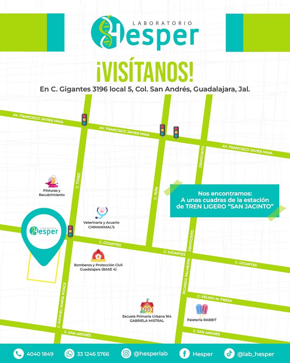 Hesperlab's tweet image. ¡𝗧𝘂 𝘀𝗮𝗹𝘂𝗱 𝗲𝘀 𝗻𝘂𝗲𝘀𝘁𝗿𝗮 𝗽𝗿𝗶𝗼𝗿𝗶𝗱𝗮𝗱! 🔬✨

En 𝗟𝗮𝗯𝗼𝗿𝗮𝘁𝗼𝗿𝗶𝗼 𝗛𝗲𝘀𝗽𝗲𝗿 te esperamos con atención especializada y resultados confiables. 📍 Visítanos en nuestra sucursal: C. Gigantes 3196 local 5, Col. San Andrés, Guadalajara, Jal. 🕒 ¡Estamos listos