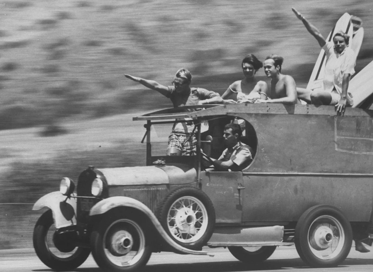 sonnysehra's tweet image. “surf nazis” in california, circa 1961. it was a subculture of anti-establishment youth who adopted nazi aesthetics for countercultural shock value, even putting swastikas on their surf boards. “to the californian surfers, the (sieg heil) signaled their devotion to surfing.”