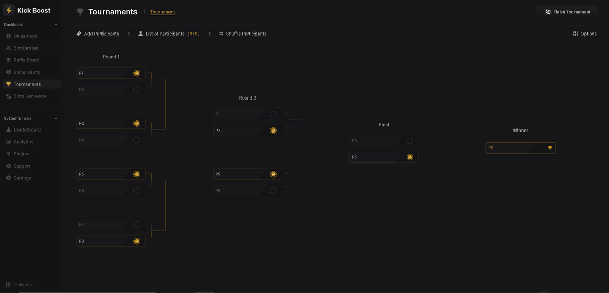 kickboostapp's tweet image. Introducing Tournaments — real-time, interactive brackets made simple.

🏆 Create Single Elimination events
🔄 Manage &amp;amp; track results live
🎥 Built to engage your audience