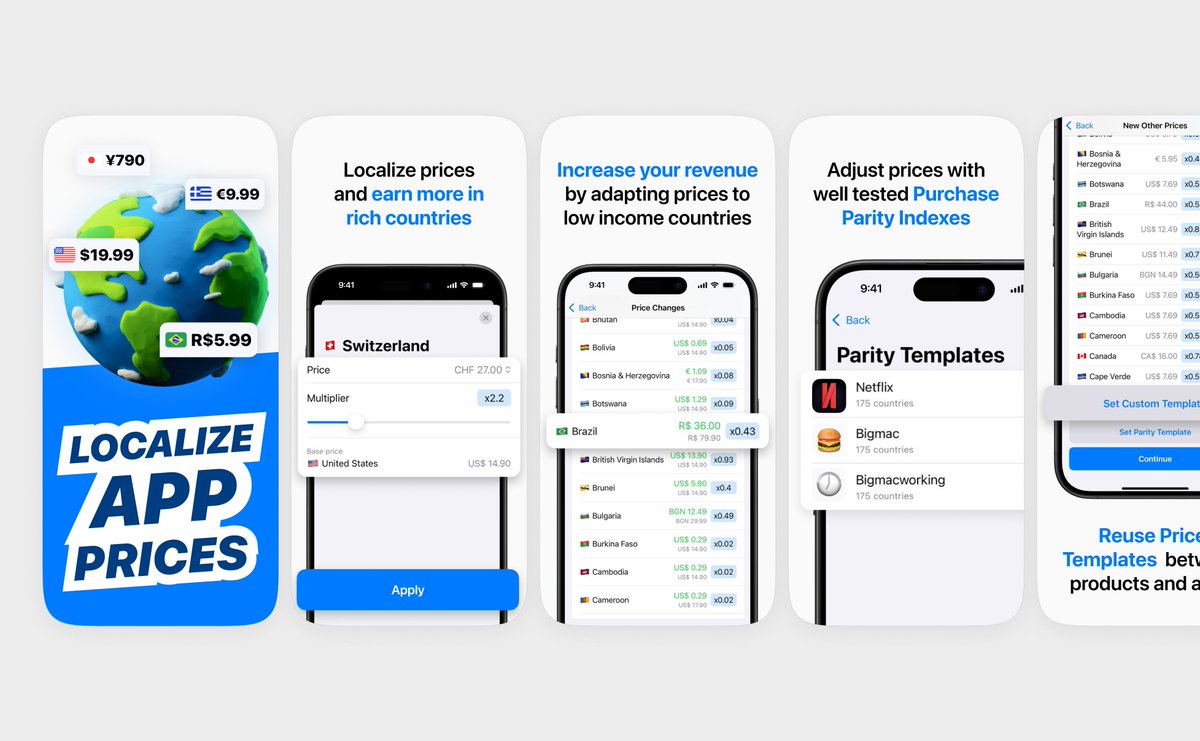 designerants's tweet image. App Store screenshots I made for Price Localize App.
Following the rules I created over years to increase conversions:
- Text optimized for keyword App Store AI detection? Check ✅
- Attention grabber as first screenshot? Check ✅
- Interchangeable screenshot order? Check ✅