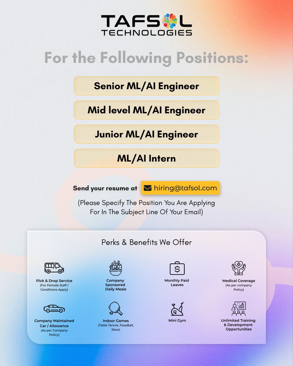 tafsoltech's tweet image. We’re expanding our team and hiring for Senior, Mid Level, Junior ML/AI Engineers, and Interns at our Karachi office!
#Tafsol #TafsolTechnologies #SoftwareDevelopmentCompany #DigitalAgency #MLJobs #AIJobs #AIEngineer #HiringNow #JoinOurTeam #TechCareers #KarachiJobs #GrowWithUs