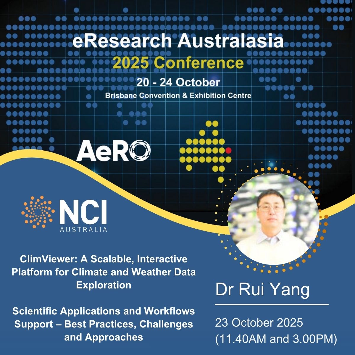 NCInews's tweet image. Catch *Dr Rui Yang* live tomorrow at #eResearch2025!
🕓 11:40am | Boulevard Room — ClimViewer: Exploring Climate & Weather Data
🕒 3:00pm | Boulevard Auditorium — Scientific Workflows: Best Practices & Challenges
#Supercomputing #ClimateResearch #NCI #gadi