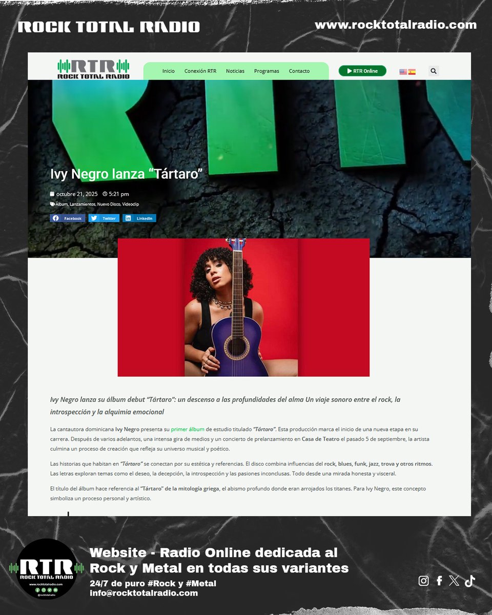 La dominicana Ivy Negro <a href="/ivynegromusic/">⛤ ivy⛤negro⛤</a>  lanza su álbum debut “Tártaro”, una mezcla intensa de rock, blues y emociones profundas. Un descenso al alma hecho música. 🔥
·
rocktotalradio.com/ivy-negro-tart…
·
#IvyNegro #Tártaro #RockTotalRadio