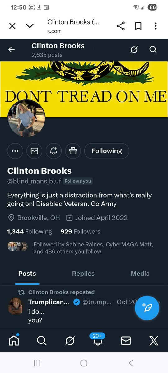 Let's take this U S army veteran over the 1k mark and beyond 
<a href="/blind_mans_bluf/">Clinton Brooks</a> 
F&amp;R 
💪🫶👊💥💯🇺🇸🫡