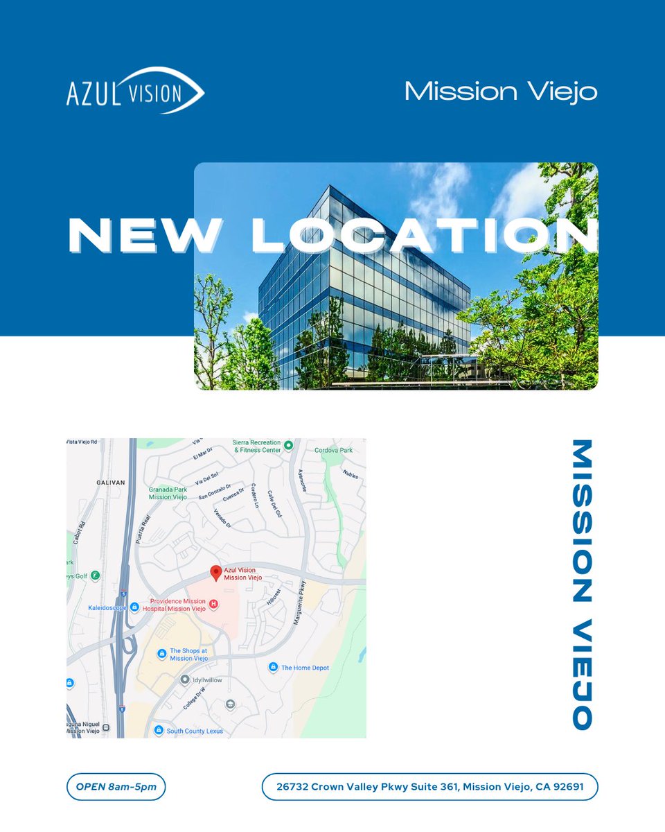 AzulVisionX's tweet image. 🚨 Azul Vision is now open in Mission Viejo! 🚨

Proud to expand our footprint in Orange County and bring high-quality eye care even closer to the community. Now accepting appointments at our newest location!