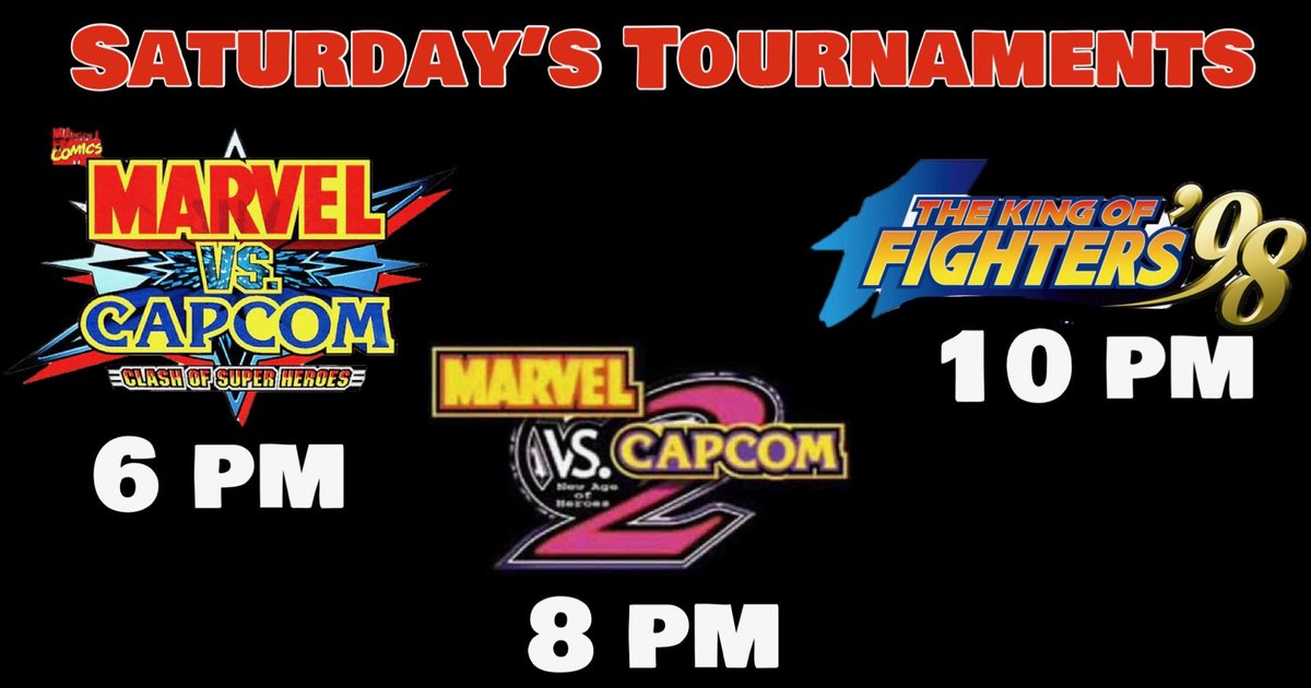 This Saturday we got #Mvc #mvc2 and #kof98 tournaments. 

Sign up: start.gg/tournament/mvc…