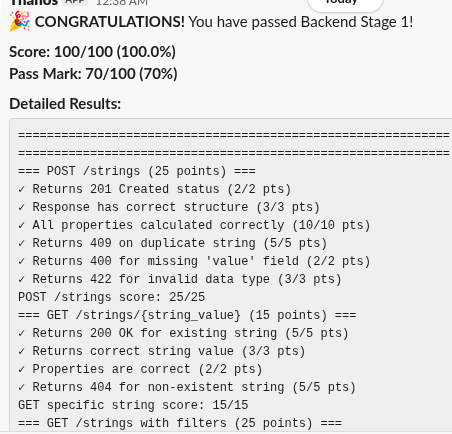dorathy_pmk's tweet image. Just passed Stage 1 of the Backend development journey! I built a full String Analyzer API with Node.js/Express.
#hng13 #technotober2025 #backenddevloper