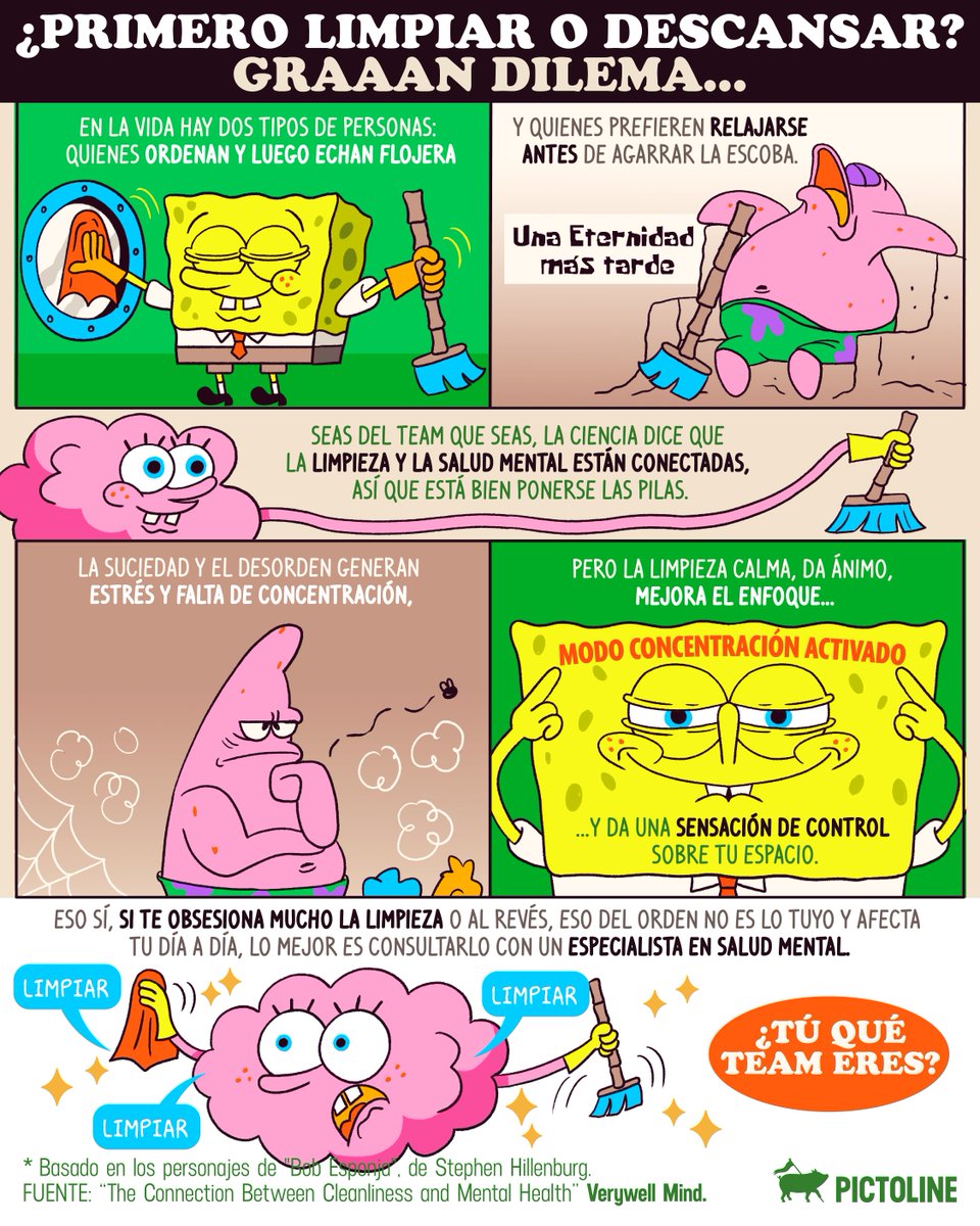 pictoline's tweet image. 🧹🧼 Spoiler alert: limpiar le hace bien a tu mente, pero… ¿eres team primero limpiar o primero descansar?

#limpieza #bienestar #saludmental #descanso #estrés #pictoline