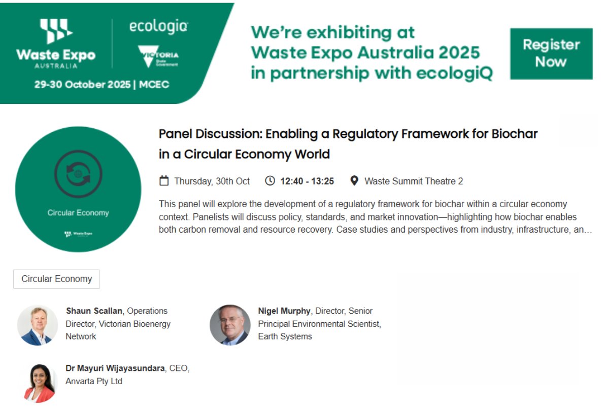 One Week to Go! Join ANZBIG at Waste Expo Australia 

Panel Discussion: Turning Organic Waste into Biochar, Renewable Energy and Real Circular Outcomes
Wed 30 Oct 2025
12:40 – 13:25

Plus, visit us at Stand H125 for 15% off your first year of ANZBIG membership*

*new members only