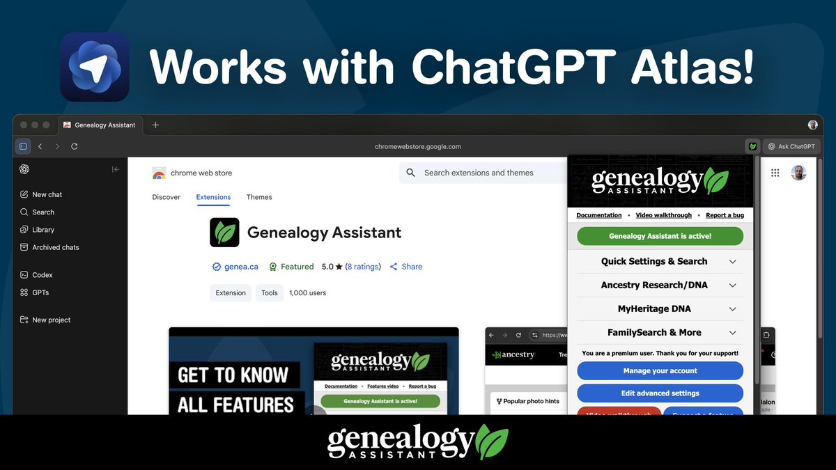 ChatGPT user? Use Genealogy Assistant in the newly released Atlas browser for the ultimate family history research setup!

Install for Atlas from the Chrome Web Store: chromewebstore.google.com/detail/genealo…

#genealogy #familyhistory #chatgpt