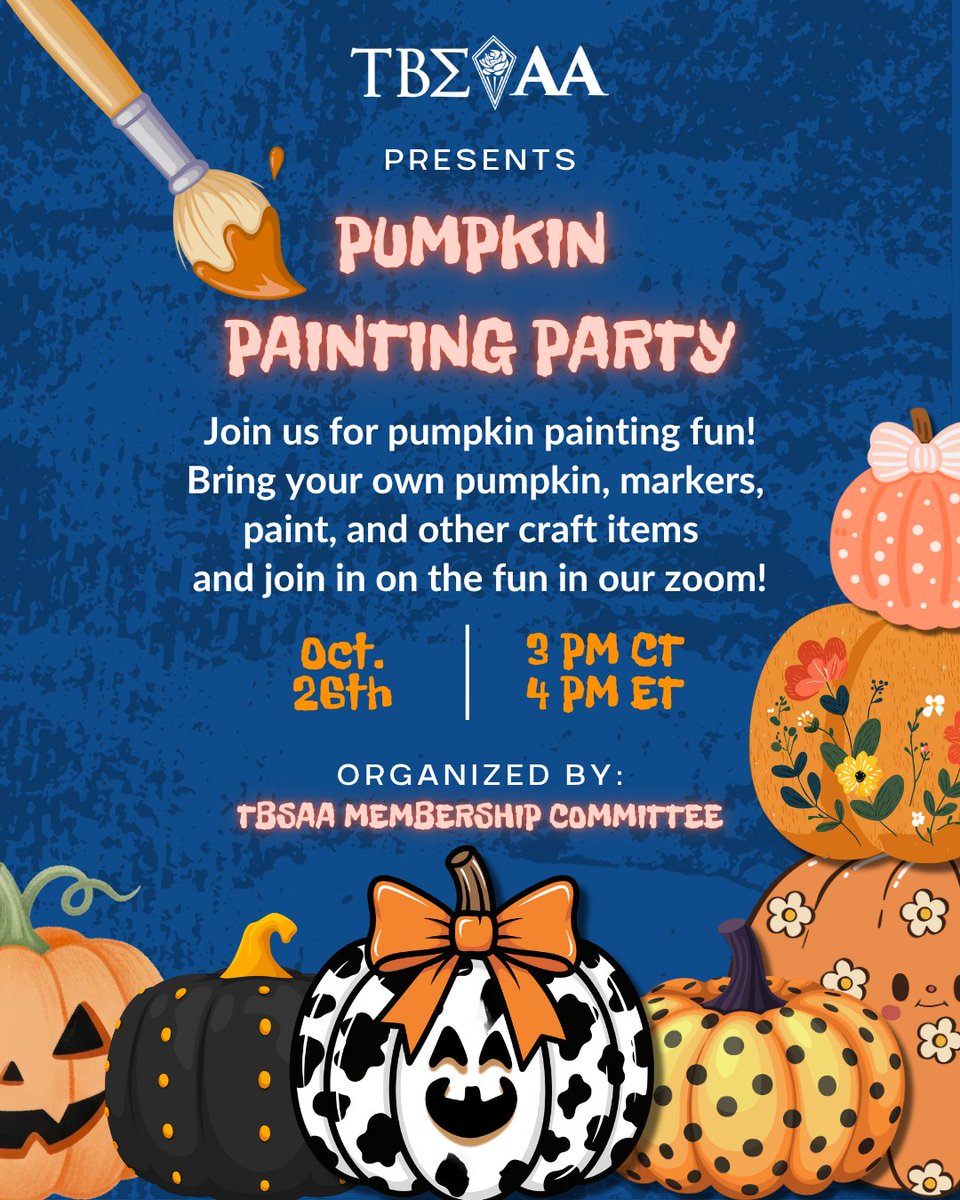 tbsaa's tweet image. Pumpkin Painting Party —  Let’s get crafty this fall!

🗓Sunday, Oct 26 | 🕓4 PM ET / 3 PM CT | 💻Zoom
Bring your pumpkin, paint &amp;amp; creativity! 
🎯 LAAs: Attending counts toward your ACES Challenge Engage Card!

Register: linktr.ee/tbsaa
#TBSAAEngage #AlumniExperience