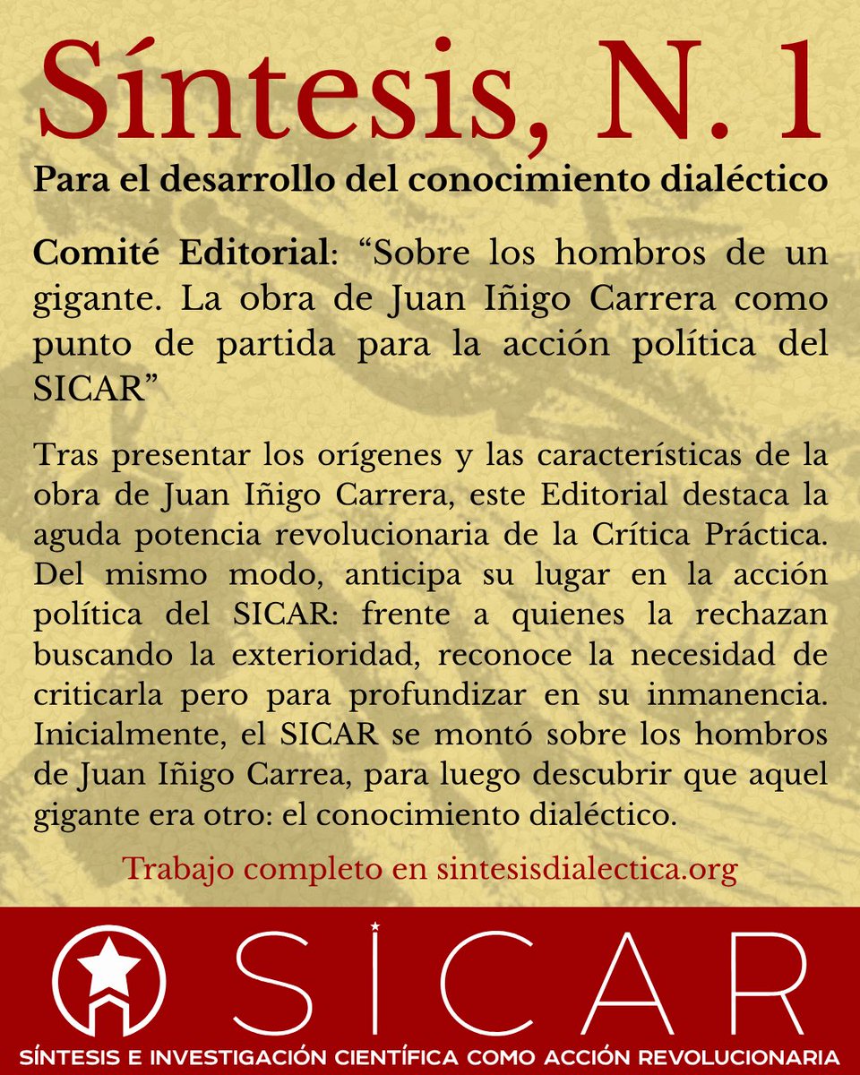 Síntesis, N. 1 🚩

Comité Editorial: “Sobre los hombros de un gigante. La obra de Juan Iñigo Carrera como punto de partida para la acción política del SICAR”

sintesisdialectica.org/revista/