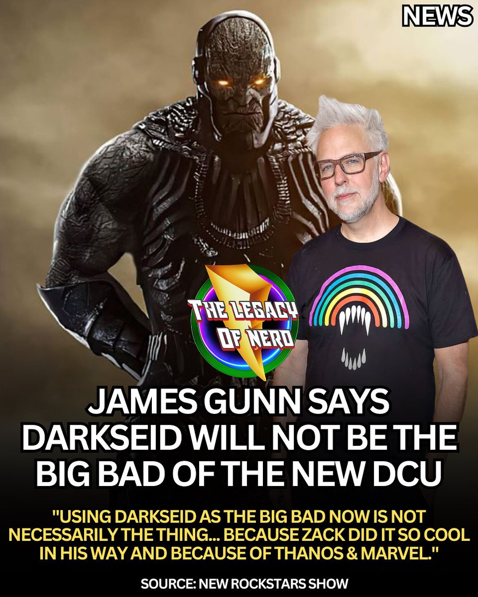 thelegacyofnerd's tweet image. Darkseid will NOT be the big bad of James Gunn’s New DCU
"Using Darkseid as the big bad now is not necessarily the thing... because Zack did it so cool in his way and because of Thanos and Marvel."