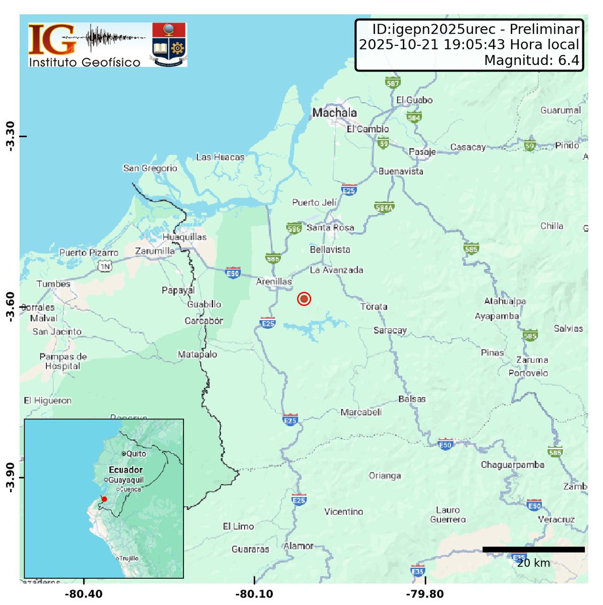 IGecuador's tweet image. [PRELIMINAR]
Evento: igepn2025urec
Ocurrido: 2025-10-21 19:05:43
Mag.: 6.4M
Prof.: 11.0 km
Lat.: 3.586° S
Long.: 80.013° W
Localizado: a 6.7 km de Arenillas, El Oro
Sintió este sismo? Repórtelo: servicios.igepn.edu.ec/url/NjM1MA==