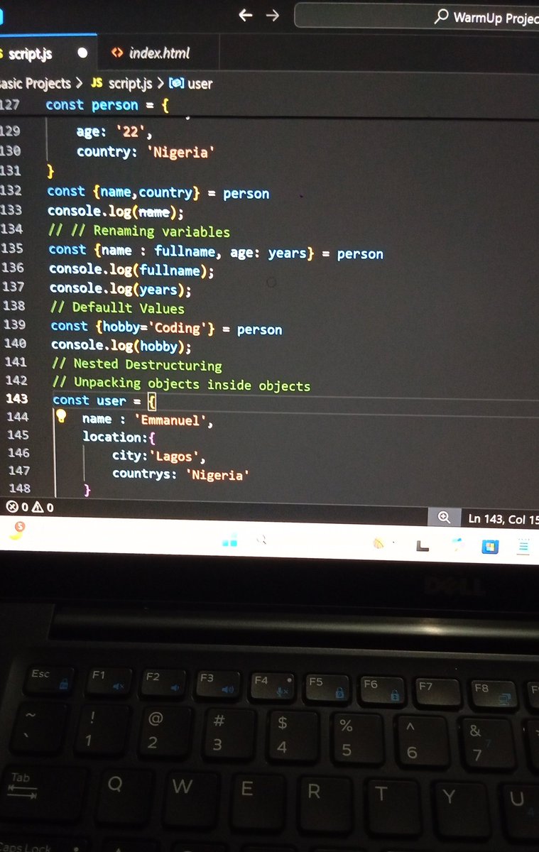 ChisomEmmanuel_'s tweet image. Yesterday, I solved tiny problems with destructing. 
• Array Destructuring (skipping items, default values and swapping values)
• Object Destructuring (Renaming variables, default values)
• Nested Destructuring ( Unpacking objects inside objects). 
Tonight willbe array in obj