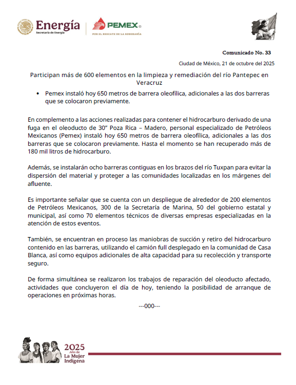 📍Participan más de 600 elementos en la limpieza y remediación del río Pantepec en Veracruz.

Comunicado nacional: pemex.com/saladeprensa/b…