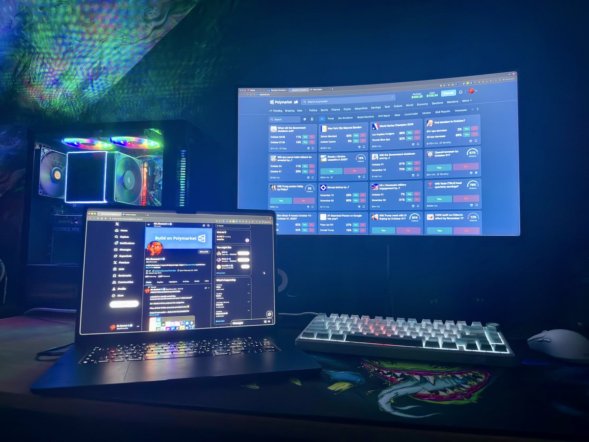 python_dao's tweet image. Where the edge happens
Multi-monitor for parallel @Polymarket analysis
When predictions move in seconds, your workspace matters
BUILD ON POLYMARKET