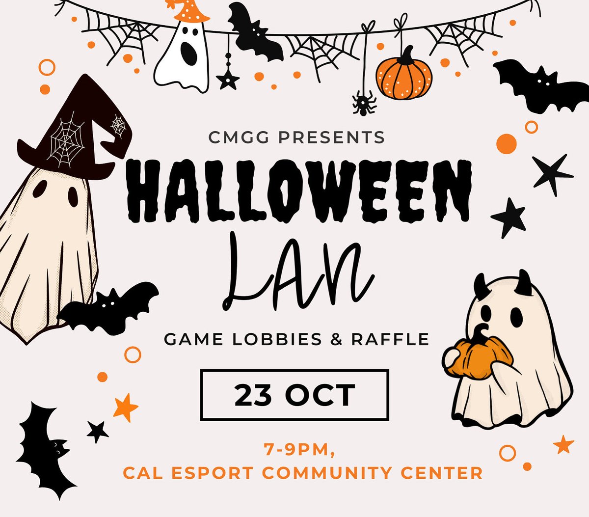 It’s spoopy season y'all!👻 Celebrate with us at the HALLOWEEN LAN!🎃 There will be in-person gaming lobbies and a raffle!  Halloween costumes optional but encouraged.🐈‍⬛
  
📅 Thursday, 10/23
⏰ 7–9 PM
📍 Cal Esports Center