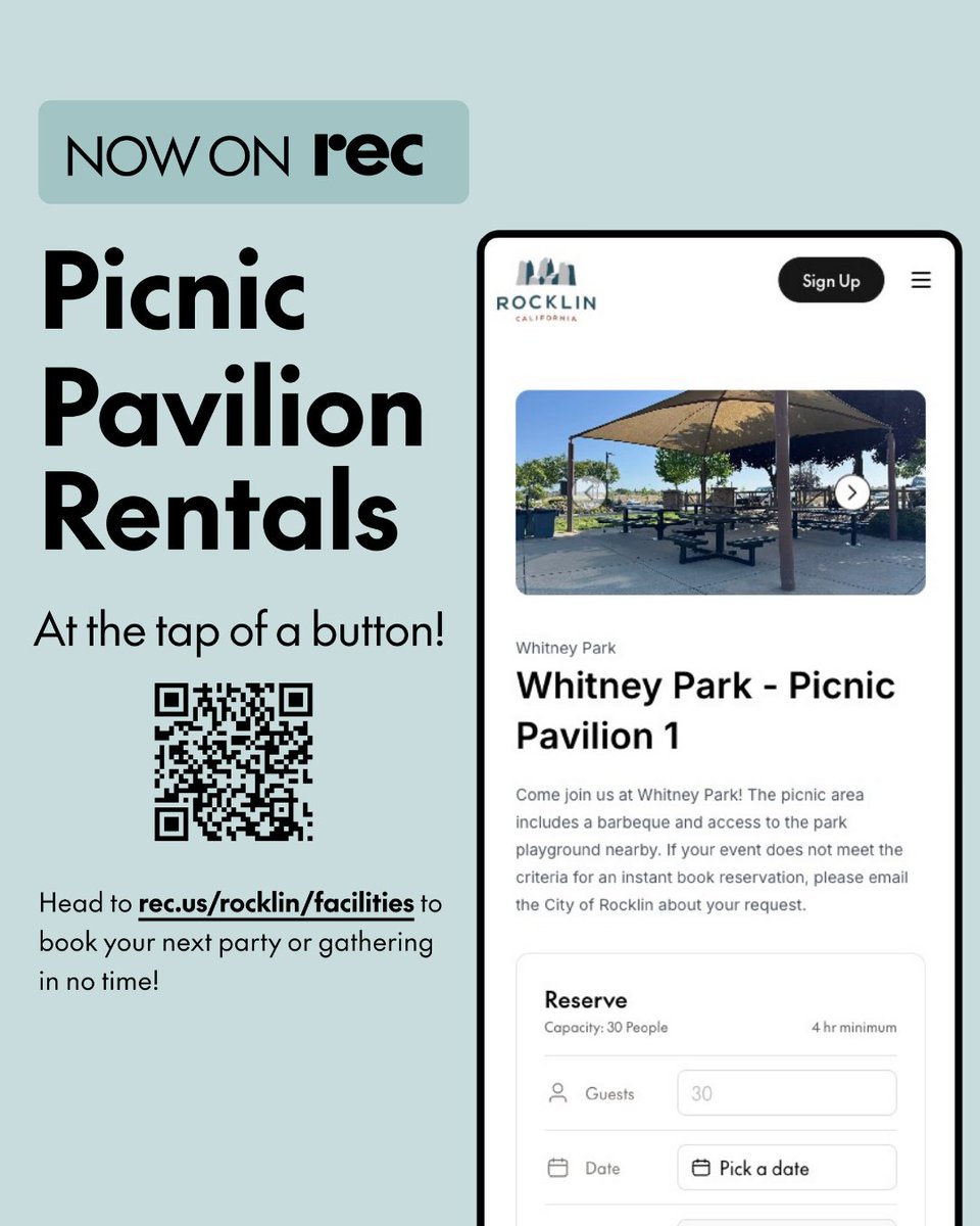Online pavilion reservations are now live. Book your next birthday party, baby shower, or family gathering at 2 am in your pajamas if you want – we won't judge!  Check real-time availability and get instant confirmation at rec.us/rocklin/facili…