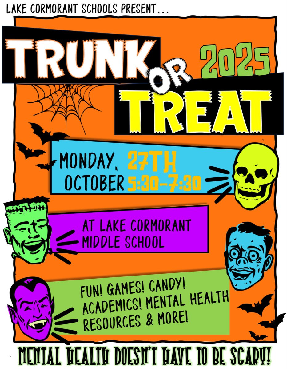 🎃👻 LC Schools Present TRUNK OR TREAT 2025! 👻🎃

Join us on Mon, 10/27 from 5:30–7:30 @ LCMS for a spooktacular night of fun! 🕸️🧡

Because remember: Mental health doesn’t have to be scary!

#OneGatorNation #TeamDCS #TrunkOrTreat #FamilyFun #CommunityEvent #MentalHealthMatters