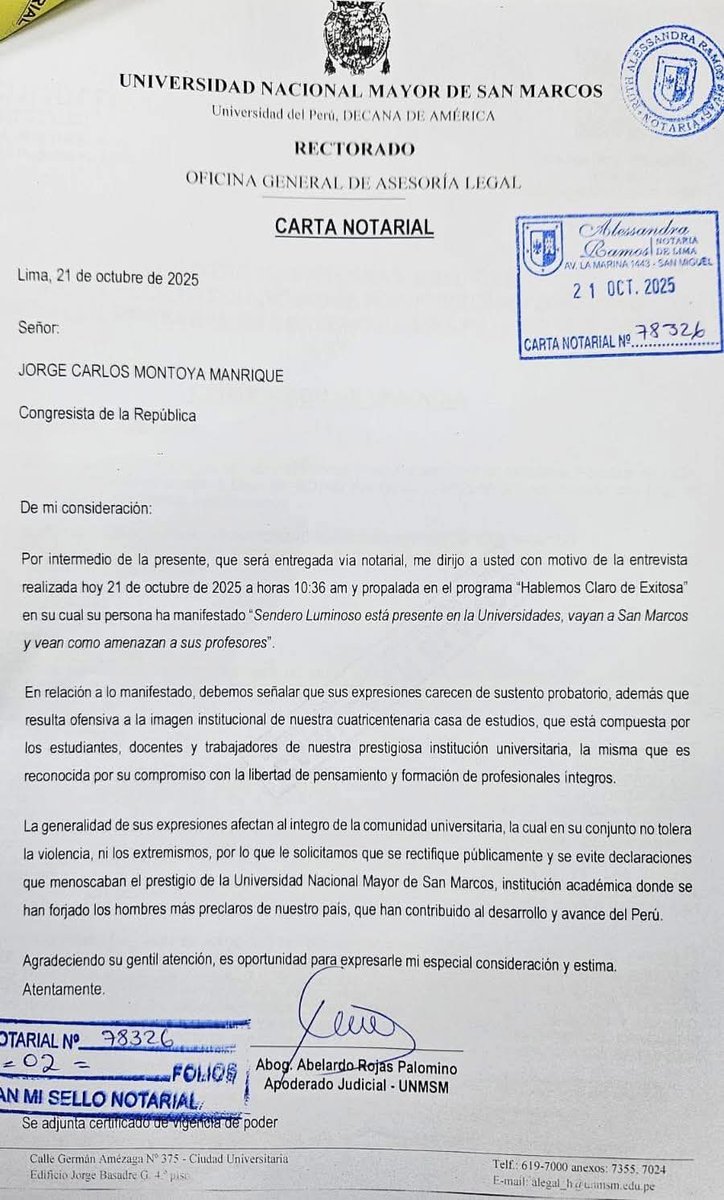 #LOÚLTIMO  Universidad SAN MARCOS, LA DECANA DE AMÉRICA, ENVÍA CARTA NOTARIAL A JORGE MONTOYA por sus últimas declaraciones: "Sendero luminoso está presente en las universidades, vayan a San Marcos y verán cómo amenazan a sus profesores".