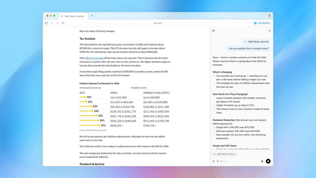 jqueryscript's tweet image. OpenAI just launched their first web browser, and it&apos;s packed with features that change how you interact with the internet:

🤖 Side Chat: ChatGPT sits in a sidebar and can see what&apos;s on your screen—no more copying and pasting
🧠 Browser Memory: Remembers sites you&apos;ve visited and…