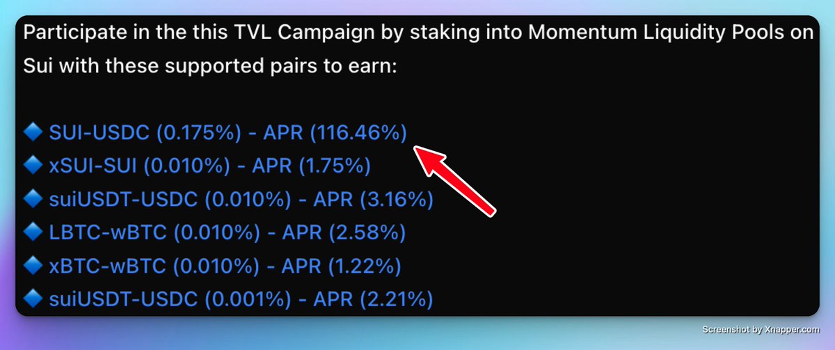 if you don't mind monitoring your DeFi positions a few times per day, the SUI-USDC pool on <a href="/MMTFinance/">MomentumⓂ️Ⓜ️T</a> offers excellent APR (+100% for ±10% range, +200% for ±5% range)

this pool is the highest among all 6 boosted pools on the   <a href="/buidlpad/">Buidlpad Ⓜ️Ⓜ️T</a> HODL campaign, which brought more than