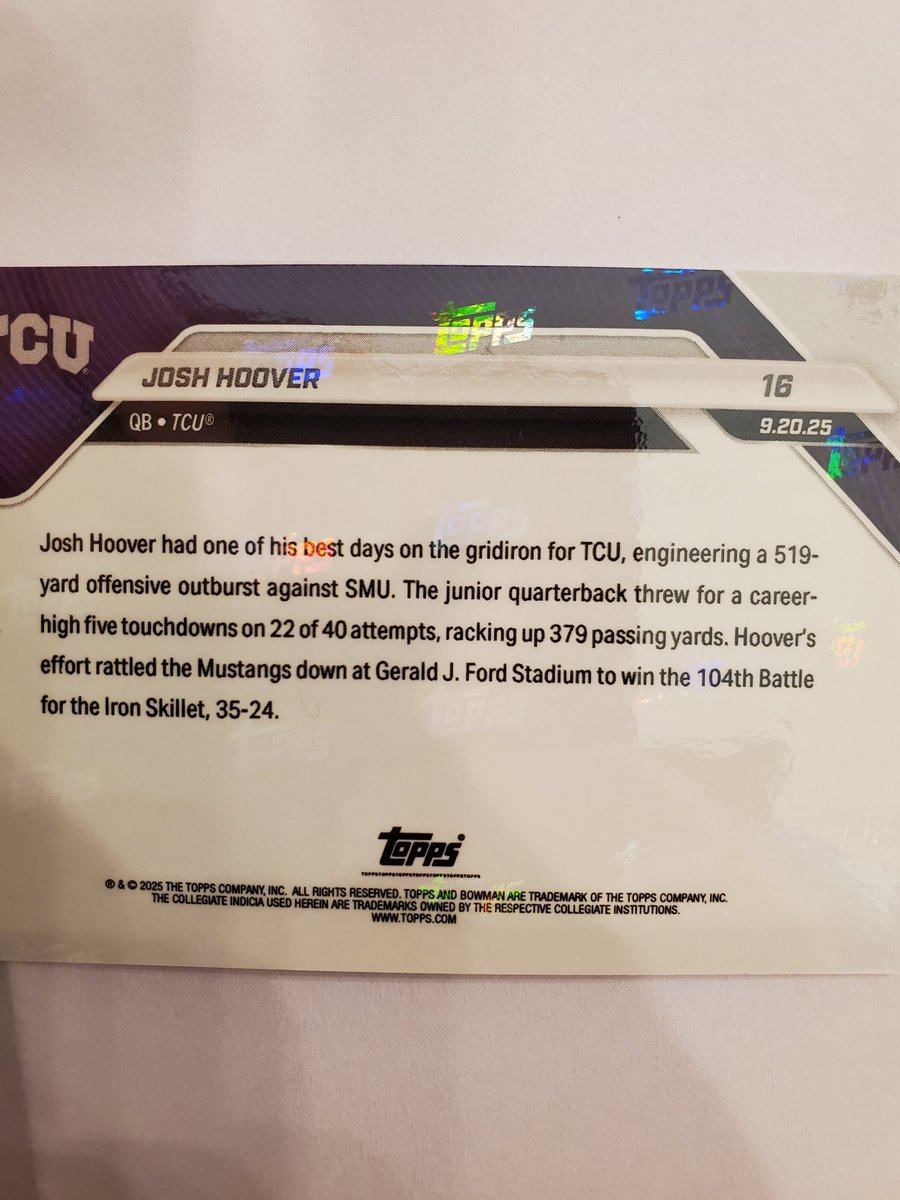 Got a /50 from my Topps Now Josh Hoover order about a month ago, which is awesome. Just wish they hadn't whiffed on which stadium the final Iron Skillet game was played in!